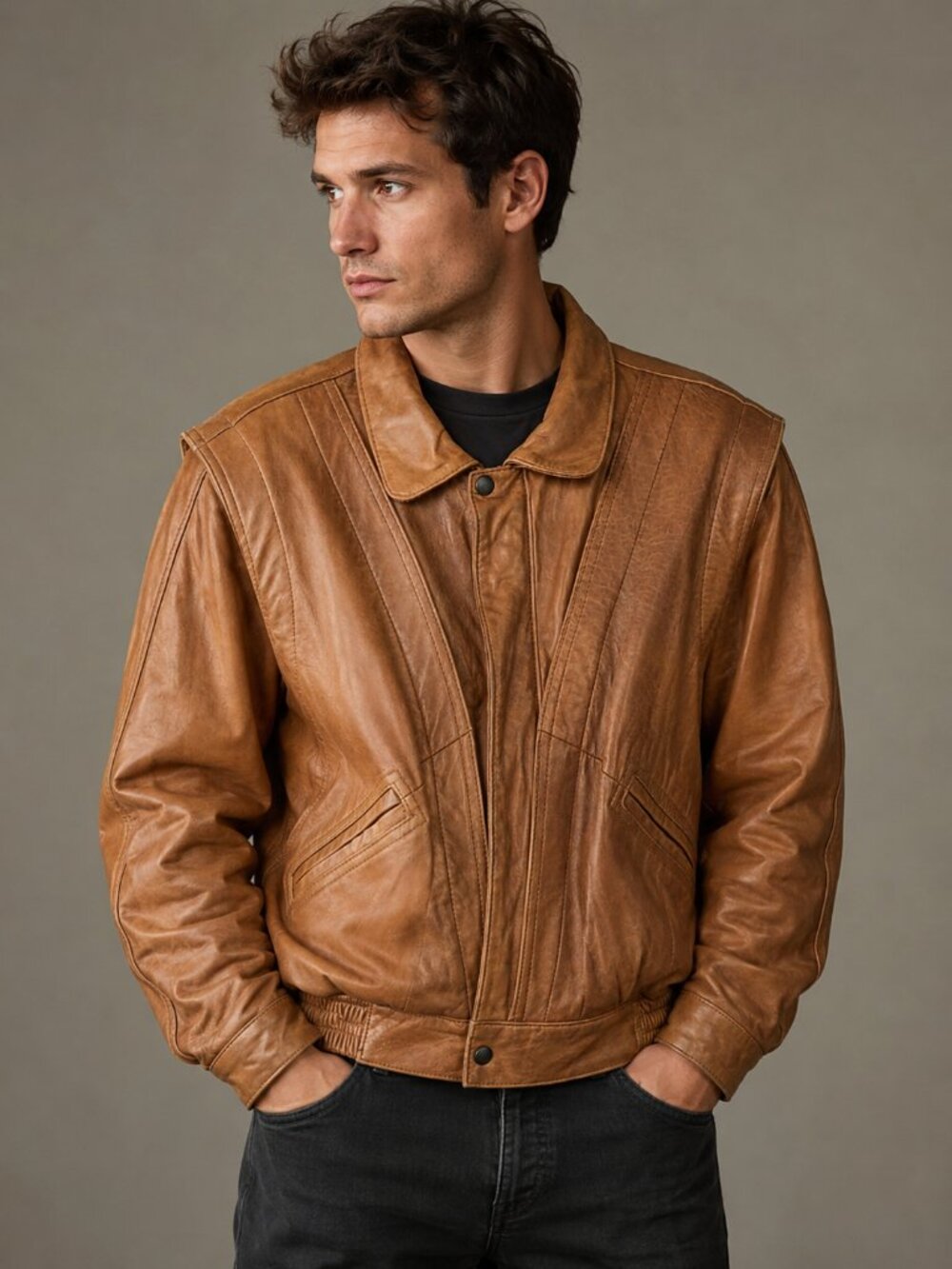 CACCIA Men's SZ M Vintage Camel Color Buttery Soft Leather Bomber Jacket 80's